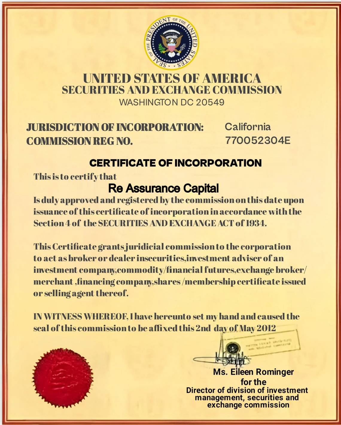 Re-Assurance Capital  certificate